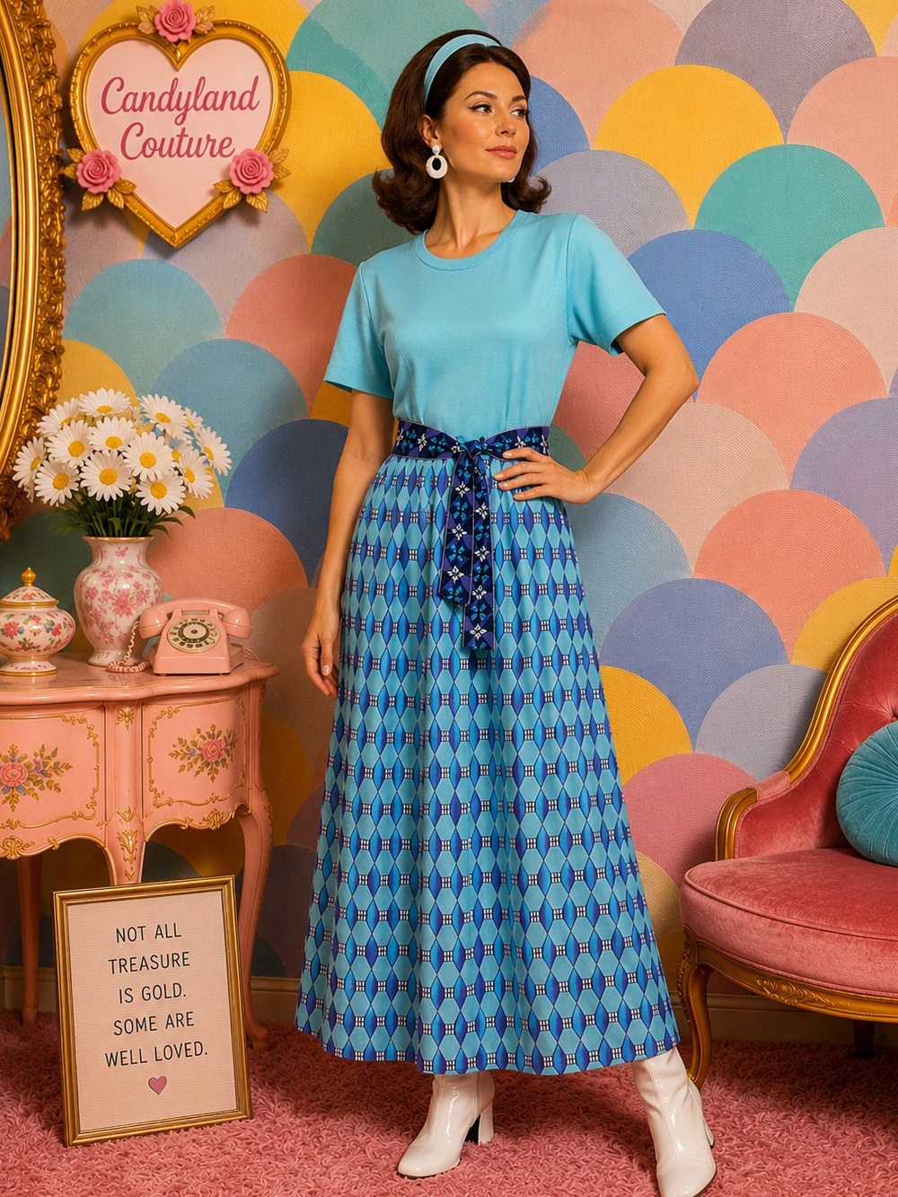 60-70s Vintage Reiner of Chicago Blue Geometric Maxi Dress with Waist Sash